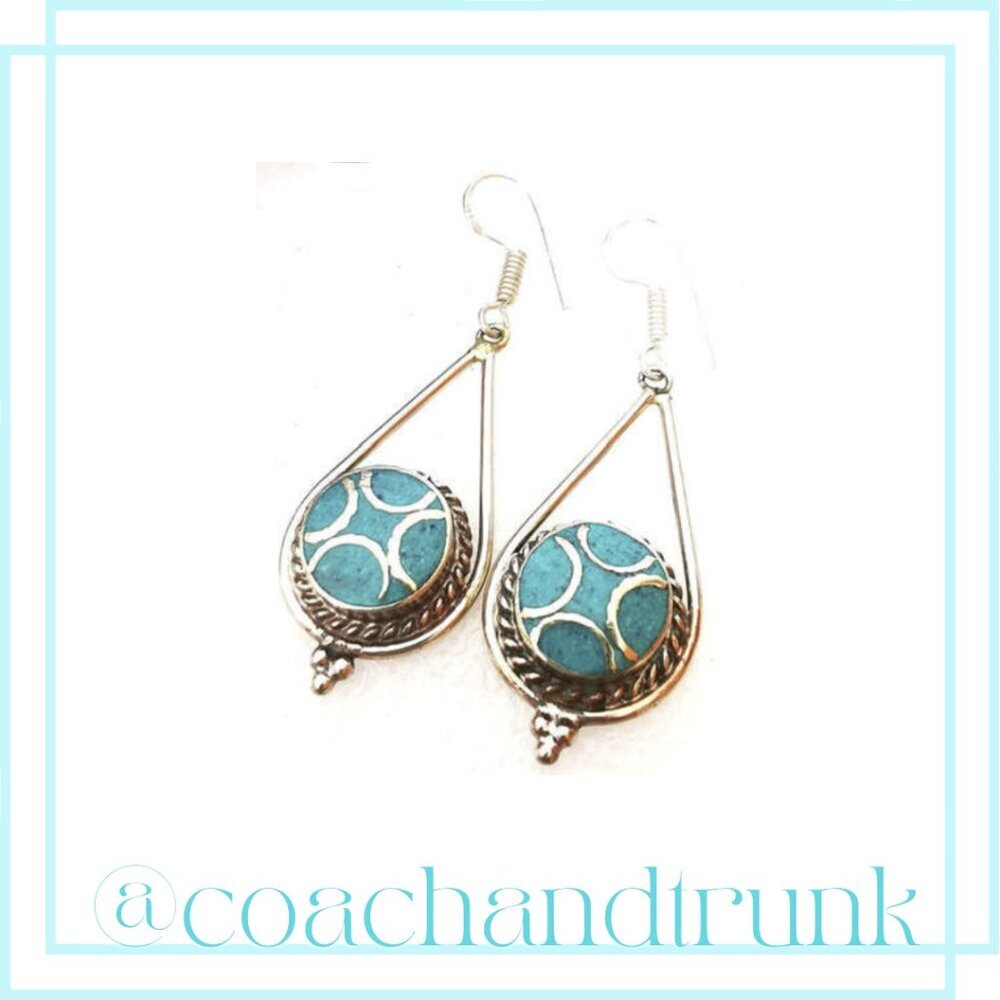 Turquoise Inlay Drop Silver Earrings Handcrafted India Artisan French Hook